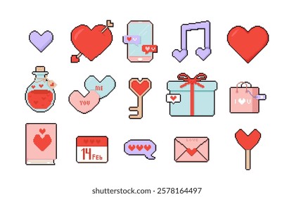 Romantic Valentine day stickers, cute love emotion labels, dating emoji in pixel art retro style. Heart shape, key, potion flask, gift box, adoration declaration greeting message vector illustration