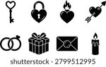 Romantic Valentine day and wedding black vector icons set featuring key lock burning heart arrow rings gift envelope and candle.