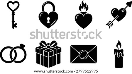 Romantic Valentine day and wedding black vector icons set featuring key lock burning heart arrow rings gift envelope and candle.