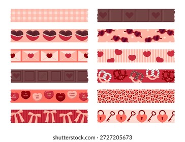 Romantic Valentine digital tape set in peach, orange, red and brown tones. Includes plaid, chocolate, hearts, bows and more. Ideal for scrapbooking, cards, planners and social media design.