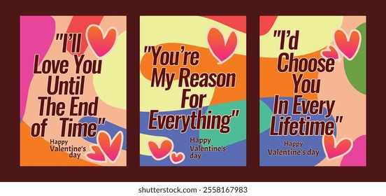 Romantic Valentine Greeting Cards with Subtle Abstract Themes. A set of Valentine’s Day greeting card with sample text, red hearts and abstract backgrounds templates vector illustration. 