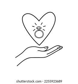 Romantic valentine. Hand with a heart and a ring. Doodle-style design element for Valentine's Day on February 14. Vector.