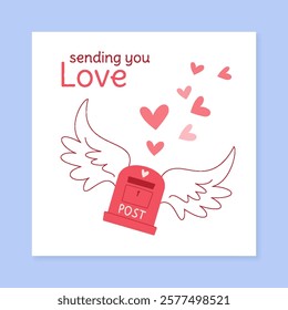 Romantic valentine heart greeting postcard in flat cartoon design. Send love message with this valentine themed card. Ideal for social media post and romantic correspondence.