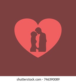 Romantic Valentine lovers silhouette on heart background postcard