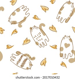 Romantic valentine pastel seamless pattern of kittens and hearts. Perfect for T-shirt, textile and prints. Doodle style vector illustration for decor and design.
