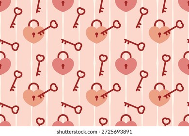Patrón romántico de San Valentín con llave de corazón y cerradura sobre fondo de rayas. Ideal para temas de amor, diseños de bodas, tarjetas, embalaje y obras de arte de relación simbólica.