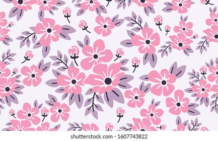 Romantic valentine pink floral pattern background, with elegant leaf and flower drawing.