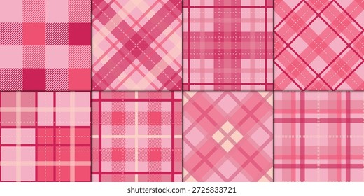 Romantic Valentine plaid pattern set in pink and red tones. Perfect for gift wrap, scrapbook, packaging, stationery, background, fabric, digital paper, and seasonal design projects.