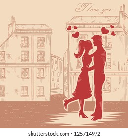 Romantic Valentine retro postcard with happy couple in love with hearts on old fashioned street background