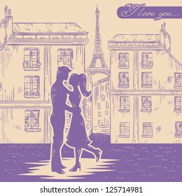 Romantic Valentine retro postcard with happy couple in love on Paris street background