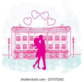 Romantic Valentine retro postcard with kissing couple