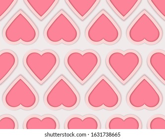 Romantic Valentine seamless pattern with 3d pink hearts. Decorative vector background