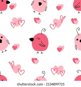 Romantic Valentine seamless pattern with chickens and hearts. Perfect for textile, postcard and print. Hand drawn vector illustration for decor and design. 
