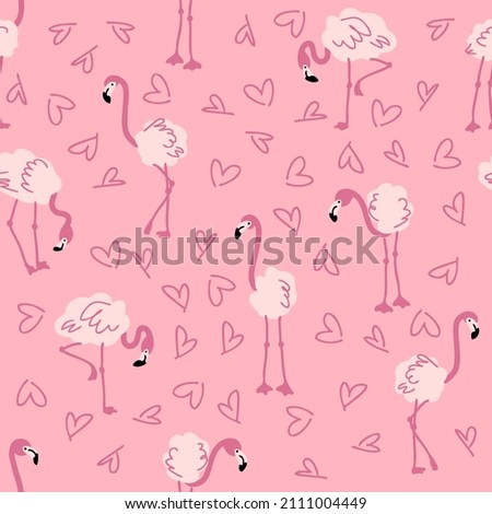 Romantic valentine seamless pattern with flamingo and hearts. Perfect for T-shirt, textile and print. Hand drawn vector illustration for decor and design.

