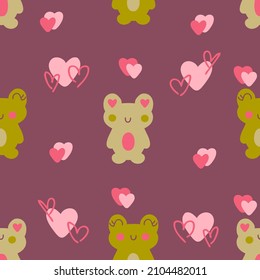 Romantic valentine seamless pattern with frogs and hearts. Perfect for T-shirt, fabric, textile and print. Hand drawn vector illustration for decor and design. 

