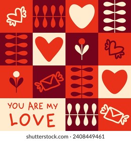 Romantic Valentine seamless pattern with hearts, flying letters and text. Checkered print for tee, paper, fabric, textile. Retro style vector illustration.