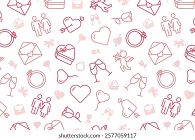 Romantic Valentine seamless pattern with red icons of hearts, bows, and diamond rings on a white background.