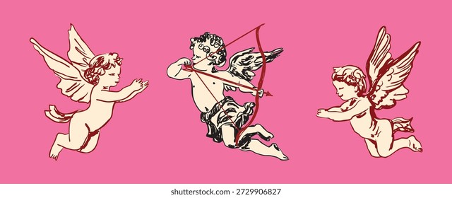 Romantic Valentine set featuring Cupid with bow and arrow plus flying angels in a cute vintage style, ideal for love themes, greeting cards, stickers, apparel prints, and holiday designs.