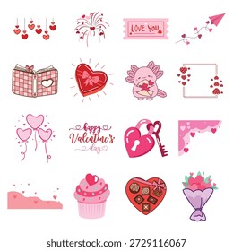 Romantic Valentine sticker collection. Vector cute axolotl lock and chocolate elements for holiday scrapbook design