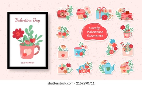 Romantic valentine stickers with flowers, cute floral bouquets elements