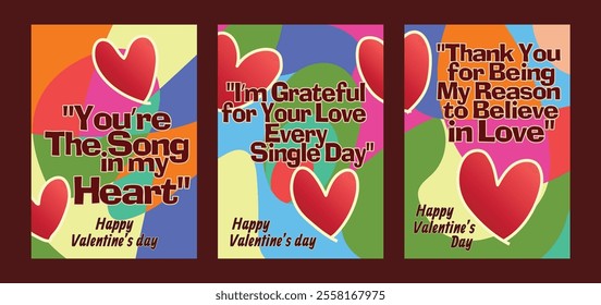 Romantic Valentine Templates Featuring Trendy Abstract Backgrounds. A set of Valentine’s Day greeting card with sample text, red hearts and abstract backgrounds templates vector illustration. 