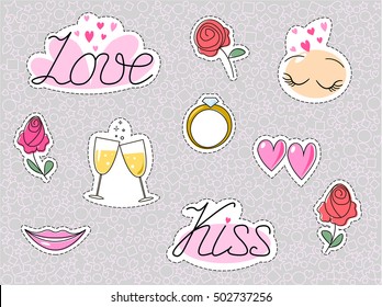 Romantic Valentine wedding stickers or patches. Love dating kiss heart and roses isolated. Vector illustration