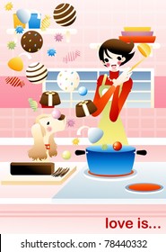 Romantic Valentine for You on pink background - pretty young female with cute pet enjoys special event during cooking sweet chocolate ball and tasty cookies in the bright kitchen : vector illustration