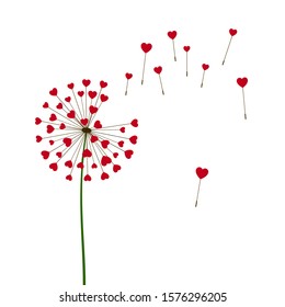 Romantic Valentine's background. Dandelions with flying hearts. February 14 holiday of love. Vector