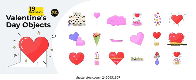 Romantic Valentines day 2D linear cartoon objects bundle. 14 february surprise date decorations isolated line vector items white background. Confession love color flat spot illustration collection