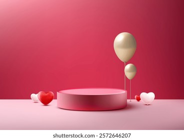 Romantic Valentine's Day 3D display with a pink platform, heart shapes, and golden balloons on a red background. Elegant product showcases or festive design concepts.
