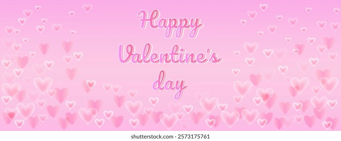 Romantic Valentine's Day background featuring soft transparent hearts floating on a soft gradient pink backdrop with the text "Happy Valentine’s Day." Perfect for holiday-themed designs