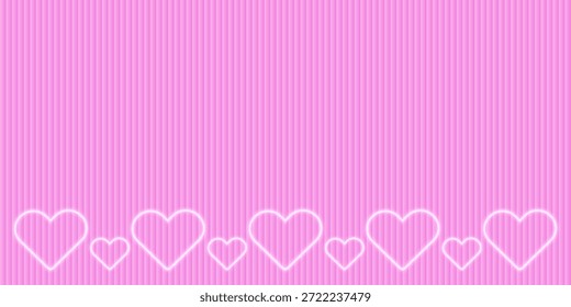 Fondo romántico del día de San Valentín sobre fondo de gradiente de Vertical a rayas rosa suave con borde de corazones de neón brillante. Marco de amor moderno mínimo, borde con espacio de copia para la tarjeta de felicitación, Anuncio, cartel