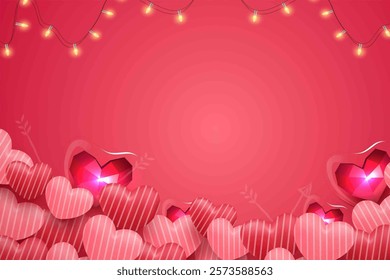 Romantic Valentine's Day background with pink and red hearts, decorated with small lights. Perfect for design projects that celebrate love and compassion.