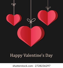 Romantic Valentines Day background with red hearts hanging on strings and Happy Valentines Day text on dark background for greeting cards, posters, banners, invitations, social media templates.Vector
