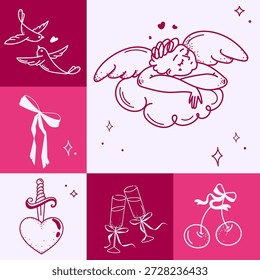 Plantilla de fondo romántica del día de San Valentín con Elementos de amor dibujados a mano en bloques rosas y rojos para tarjetas de felicitación, carteles, redes sociales y diseño impreso. Ilustración vectorial