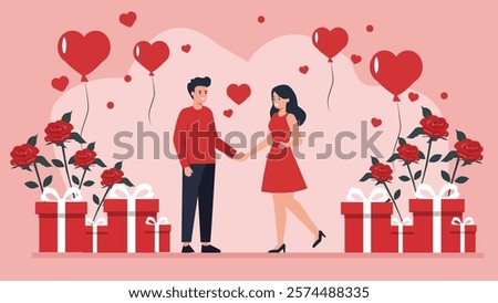 A romantic Valentine's Day banner featuring a dancing couple, hearts, and a festive background to celebrate love