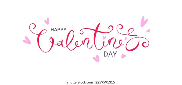 Romantic Valentines day banner with hand lettering and hearts on white background. Vector illustration.