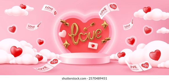 Romantic Valentine's Day Banner Template with Floating Hearts,Love Coupons,Love Text,Golden Accents and Pink Clouds for Festive Celebrations and Digital Design.Vector illustration eps 10