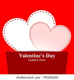 Romantic Valentines Day Banner with Two Sewn Paper Hearts Put in Red Paper Pocket. Vector Illustration