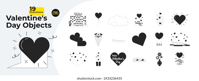 Romantic Valentines day black and white 2D line cartoon objects bundle. 14 february surprise date decor isolated vector outline items collection. Confession love monochromatic flat spot illustrations