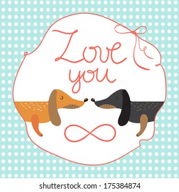 Romantic Valentine's Day card with cute dachshund with an inscription love you infinitely