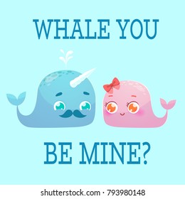 Romantic Valentine's Day Card. Cute Kawaii Characters. Vector Illustration. Cartoon style. Funny pun quote. Whales boy and girl.