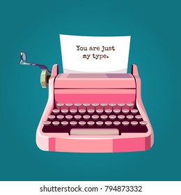 Romantic Valentine's Day Card. Cute Kawaii Characters. Vector Illustration. Cartoon style. Funny pun quote. Retro typewriter with paper sheet.