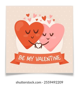Romantic Valentines Day card design. Cute red and pink hearts with ribbon and handwritten text on beige background. Postcard with cartoon characters express feelings of love. Flat vector illustration.