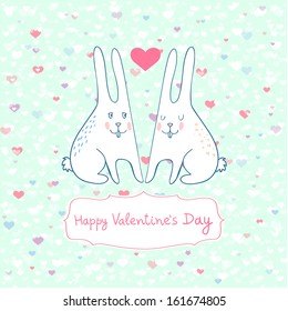 Romantic Valentine's Day card with funny rabbits in love