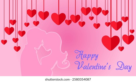 Romantic Valentine's Day Card with Hanging Red Hearts and Silhouette of a Couple