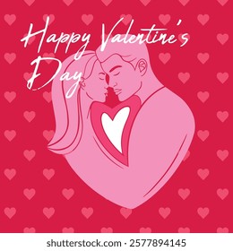 Romantic Valentine's Day Card, Illustration of a couple in love, hugging, pattern of hearts, love, tenderness, passion. Ideal for holiday designs, greeting cards, advertising and social media design.