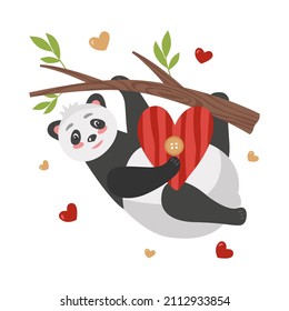 Romantic Valentine's Day card with panda and hearts. Vector illustration in cartoon style for 14 February holiday design, design or decor.