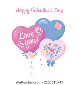 A romantic Valentine's Day card with pink and blue balloons and flowers