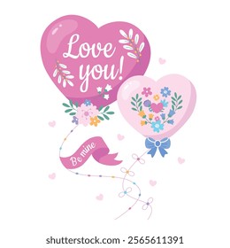 A romantic Valentine's Day card with pink balloons and flowers